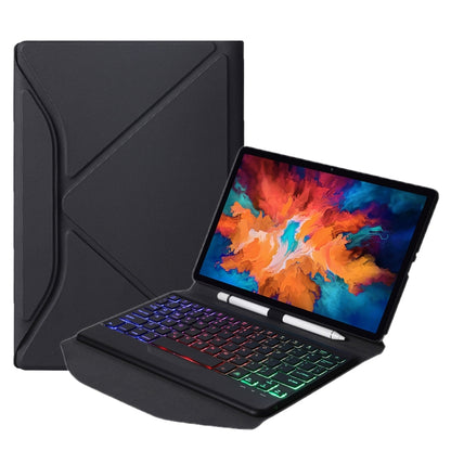 Black leather case with detachable backlit Bluetooth keyboard and triangular stand