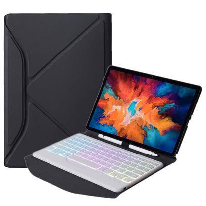 Black leather case with detachable backlit Bluetooth keyboard, white keys, triangular stand