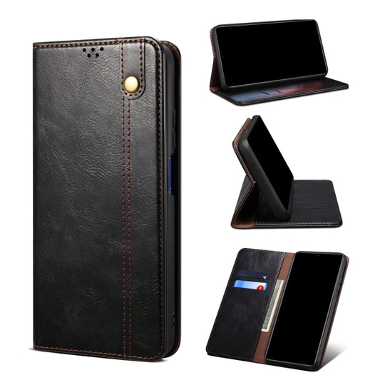 Black leather flip phone case with card slots and stand holder, textured finish