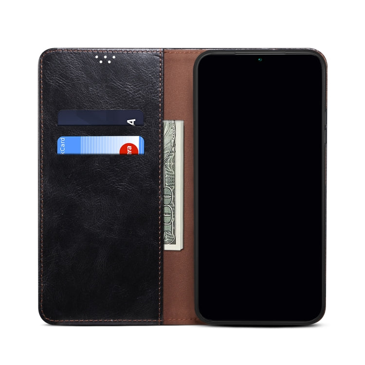 Black leather flip case with internal card slots and folio cover for phone