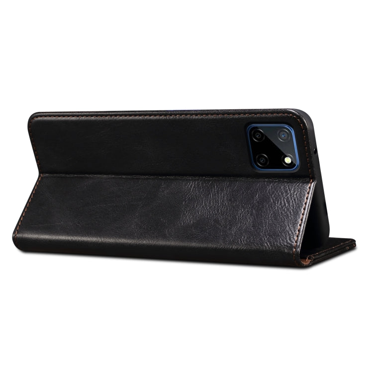 Black textured leather flip case with side edge cover and camera cutout
