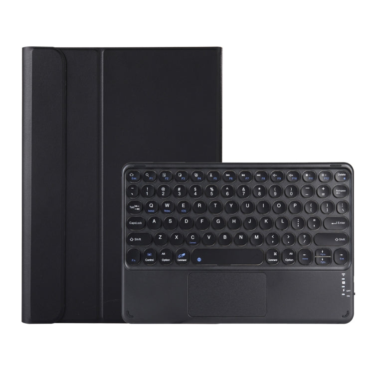 Black Bluetooth keyboard case with fold cover and embedded trackpad, keyboard front view