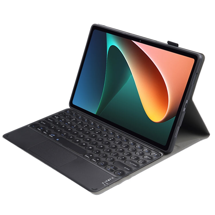 Gray Bluetooth keyboard case with fold stand and trackpad, keyboard angled open view