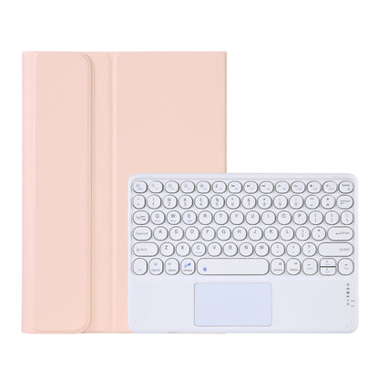 Pink Bluetooth keyboard case with fold cover and trackpad, white keyboard layout