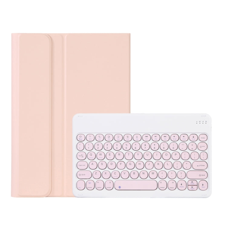 Pink leather-look keyboard case with matching cover and round keycaps, with stand holder