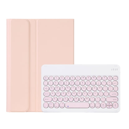 Pink leather-look keyboard case with matching cover and round keycaps, with stand holder