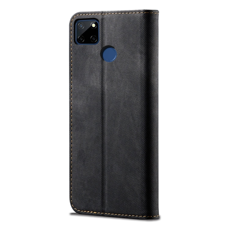 Denim-textured flip phone wallet case, dark gray back with camera cutout
