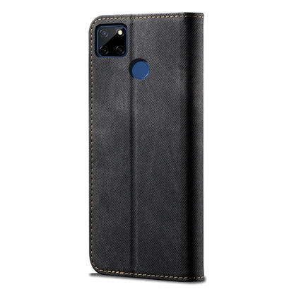 Denim-textured flip phone wallet case, dark gray back with camera cutout