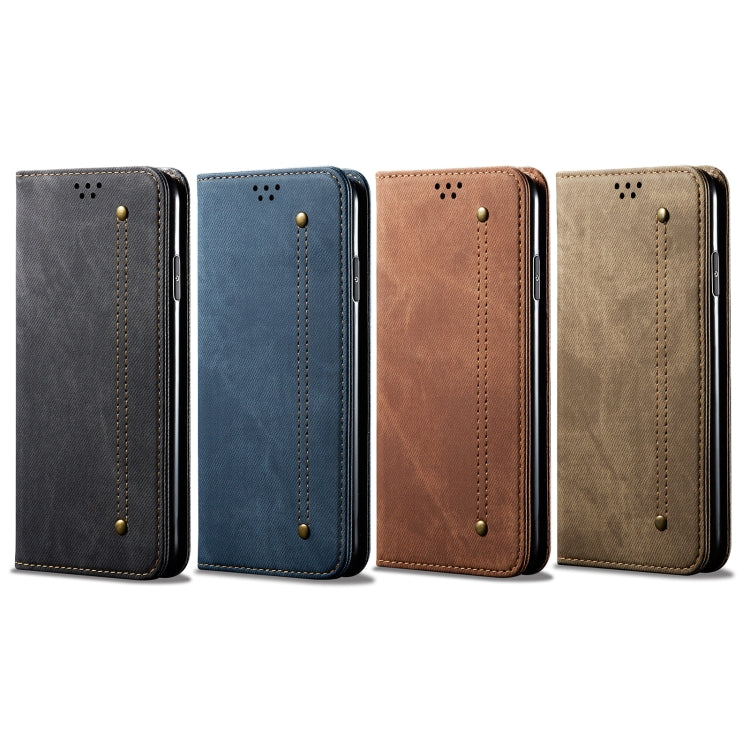 Denim-textured flip phone wallet case with card slots, shown in four colors