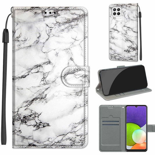 White marble PU leather folio phone case with magnetic clasp, card slots, wrist strap