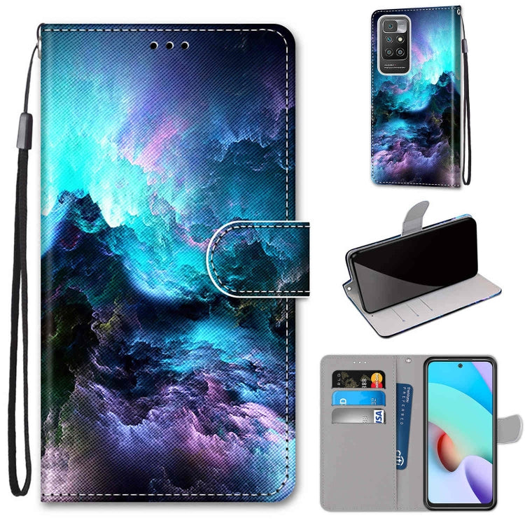 PU leather wallet flip case with galaxy cloud print, magnetic clasp, wrist strap.