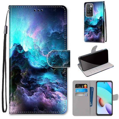 PU leather wallet flip case with galaxy cloud print, magnetic clasp, wrist strap.