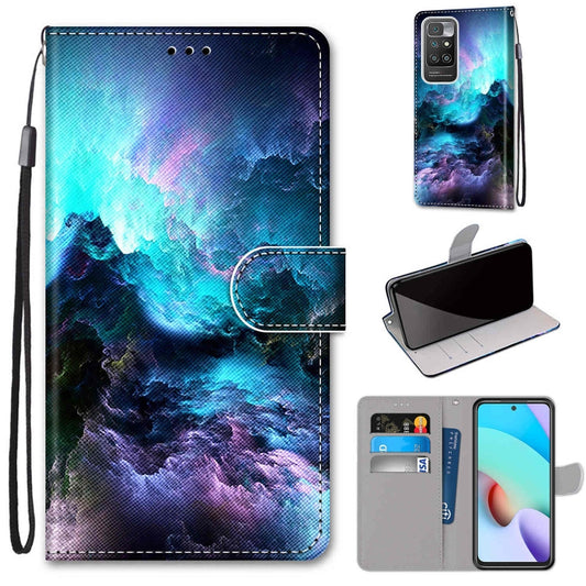 PU leather wallet flip case with galaxy cloud print, magnetic clasp, wrist strap.