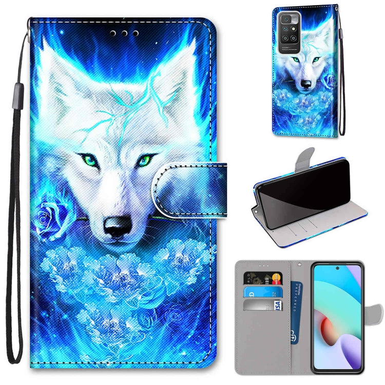 Flip PU leather phone wallet case with card slots and lanyard; blue wolf pattern.