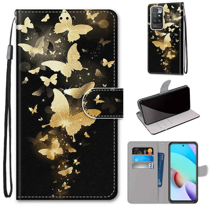 Flip PU leather phone wallet case with card slots and lanyard; gold butterflies pattern.