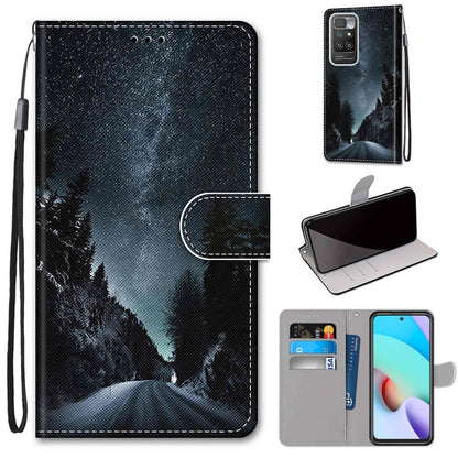 Flip PU leather phone wallet case with card slots and lanyard; dark mountain forest pattern.