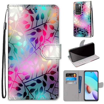 Flip PU leather phone wallet case with card slots and lanyard; multicolor leaf pattern.