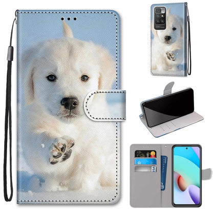Phone wallet case with flip cover, card slots, and wrist strap; light dog portrait print.