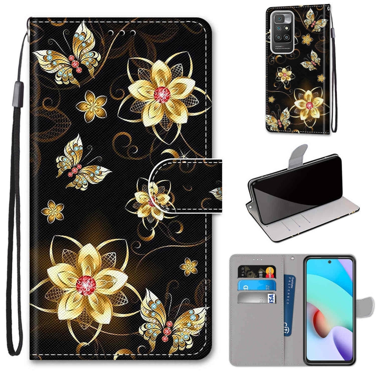 Phone wallet case with flip cover, card slots, and wrist strap; black floral butterfly print.