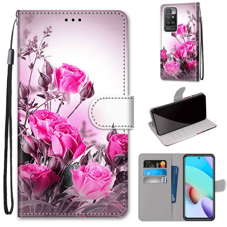 Phone wallet case with flip cover, card slots, and wrist strap; pink rose bouquet print.