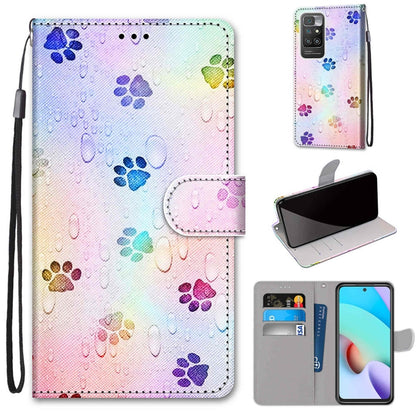 Phone wallet case with flip cover, card slots, and wrist strap; multicolor paw print pattern.