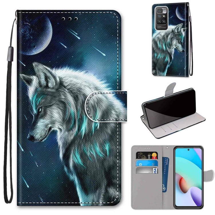 Phone wallet case with flip cover, card slots, and wrist strap; blue wolf portrait design.