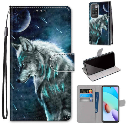 Phone wallet case with flip cover, card slots, and wrist strap; blue wolf portrait design.