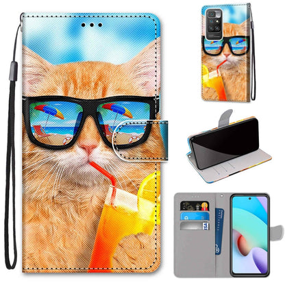 Phone wallet case with flip cover, card slots, and wrist strap; orange cat with glasses print.