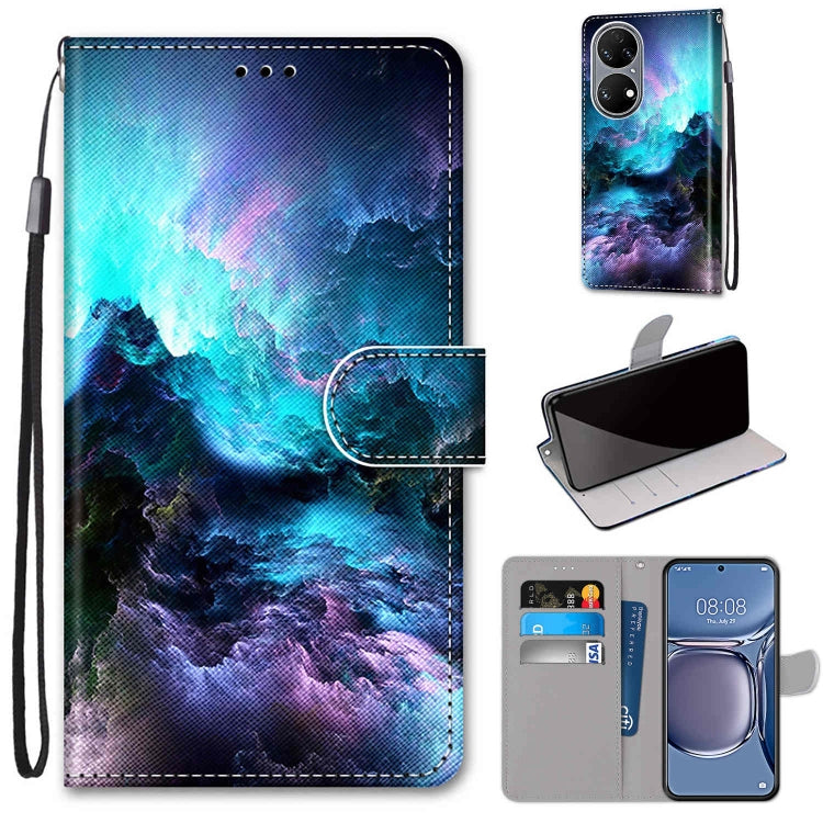 Phone wallet case with flip cover, card slots, and wrist strap; blue-purple galaxy landscape.