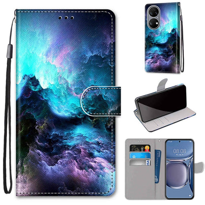 Phone wallet case with flip cover, card slots, and wrist strap; blue-purple galaxy landscape.