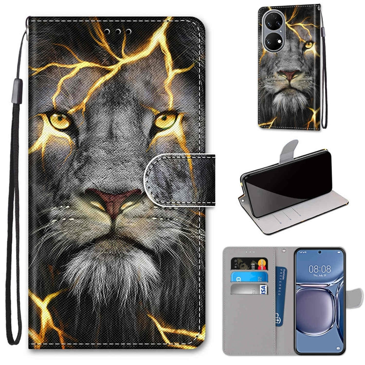 Phone wallet case with flip cover, card slots, and wrist strap; gray cat with golden lightning.