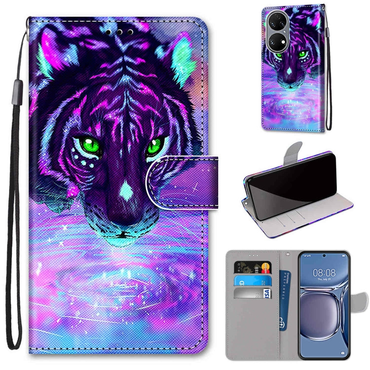 Phone wallet case with flip cover, card slots, and wrist strap; neon purple tiger face print.