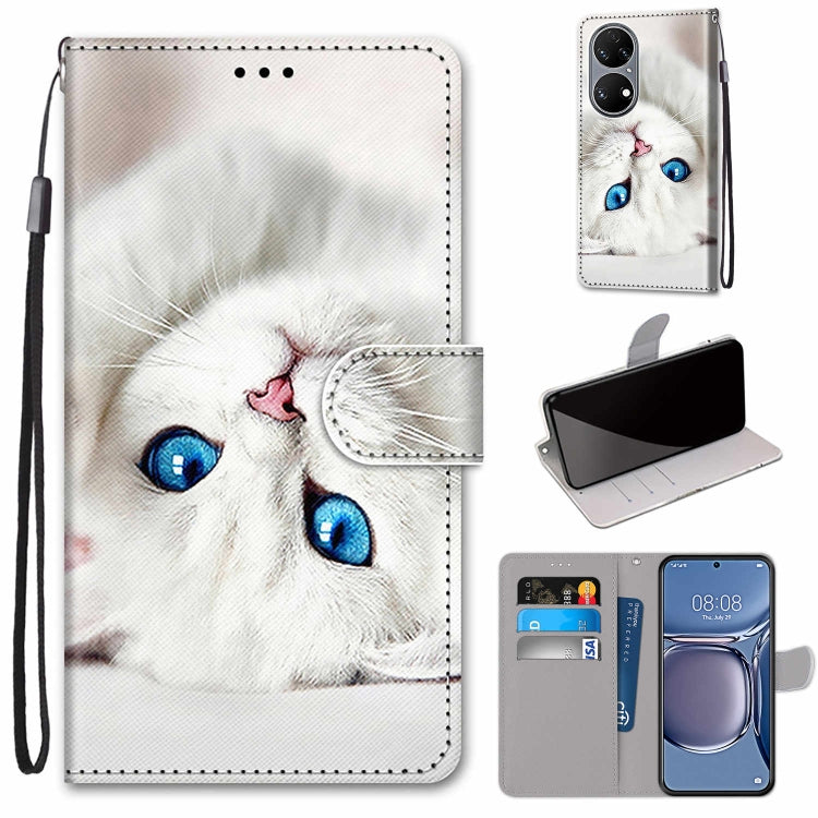 Flip PU leather phone case with wrist strap, card slots, and blue-eyed cat design