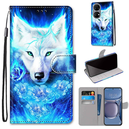 Flip PU leather phone case with wrist strap, card slots, and blue wolf design