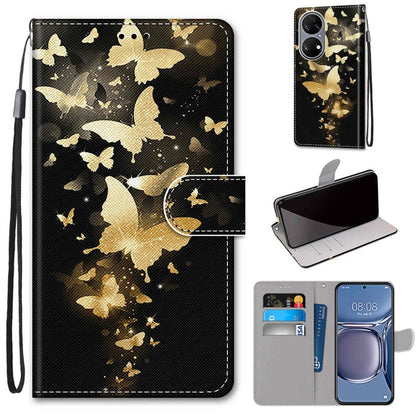 Flip PU leather phone case with wrist strap, card slots, and gold butterfly scatter design