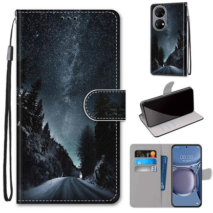 Flip PU leather phone case with wrist strap, card slots, and dark night forest scene