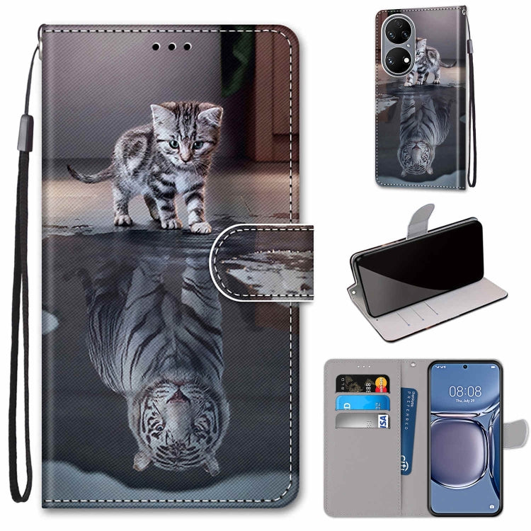 Flip PU leather phone case with wrist strap, card slots, and kitten illustration design