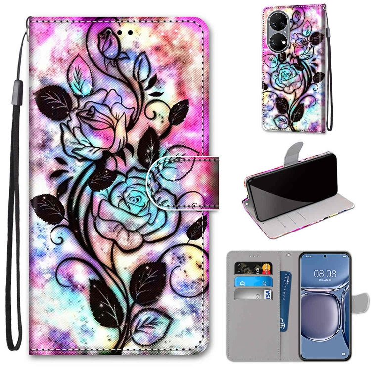 Flip PU leather phone case with wrist strap, card slots, and colorful rose and butterflies design