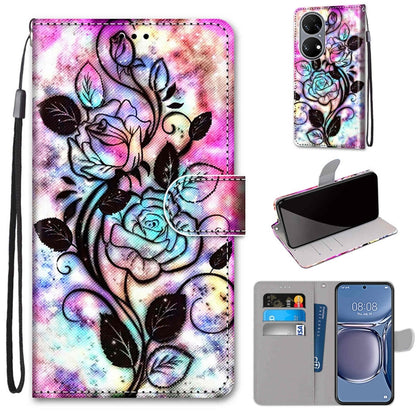 Flip PU leather phone case with wrist strap, card slots, and colorful rose and butterflies design