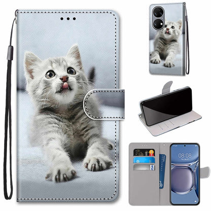 Flip PU leather phone case with wrist strap, card slots, and light gray kitten portrait