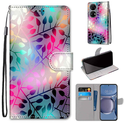 Flip PU leather phone case with wrist strap, card slots, and multicolor floral graffiti pattern