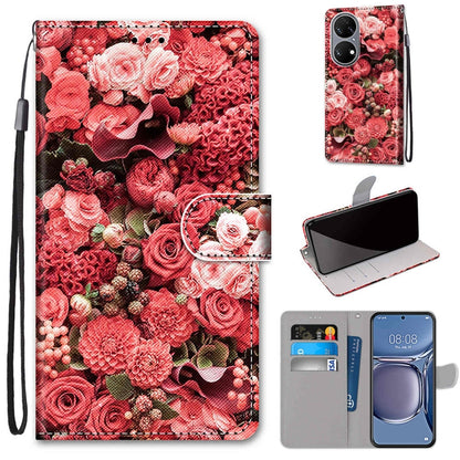 Flip PU leather phone case with wrist strap, card slots, and pink rose collage design