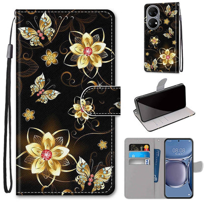 Phone wallet case with lanyard, faux leather, gold flowers and butterflies design, flip cover.