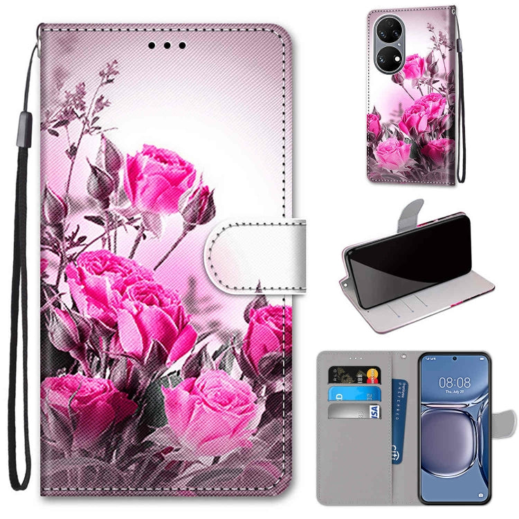 Phone wallet case with lanyard, faux leather, pink roses floral design, flip cover with card slot.
