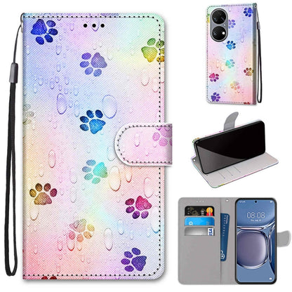 Phone wallet case with lanyard, faux leather, colorful paw print pattern, flip cover and card slot.