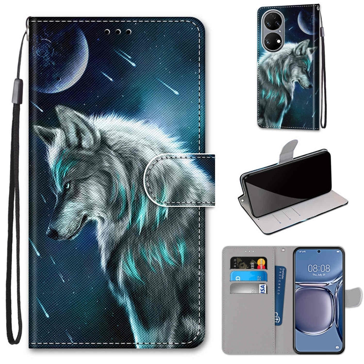 Phone wallet case with lanyard, faux leather, wolf moon and stars design, flip cover with card slot.
