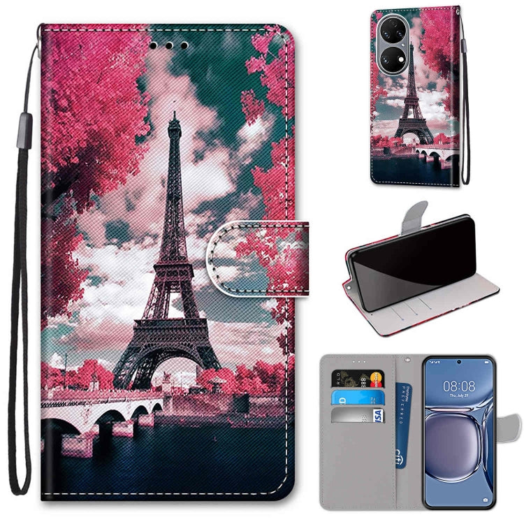 Phone wallet case with lanyard, faux leather, pink clouds Eiffel Tower design, flip cover and card slot.
