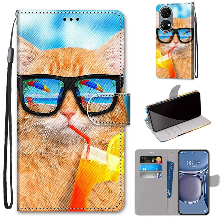 Phone wallet case with lanyard, faux leather, cat wearing glasses design, flip cover with card slot.