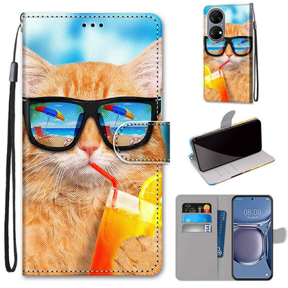Phone wallet case with lanyard, faux leather, cat wearing glasses design, flip cover with card slot.