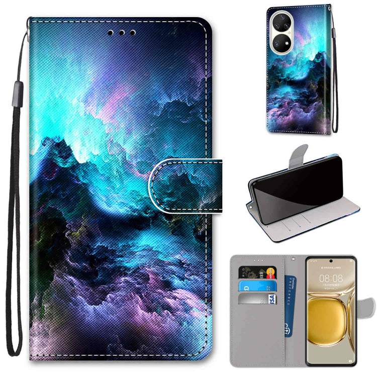 Phone wallet case with lanyard, faux leather, blue galaxy clouds design, flip cover with card slot.
